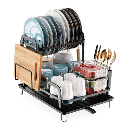 2-Tier Dish Drying Rack with Drainboard - Rustproof Steel