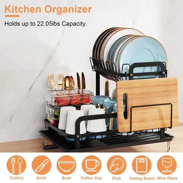 2-Tier Dish Drying Rack with Drainboard - Rustproof Steel