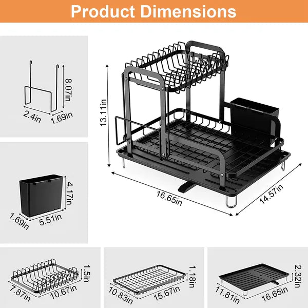 2-Tier Dish Drying Rack with Drainboard - Rustproof Steel