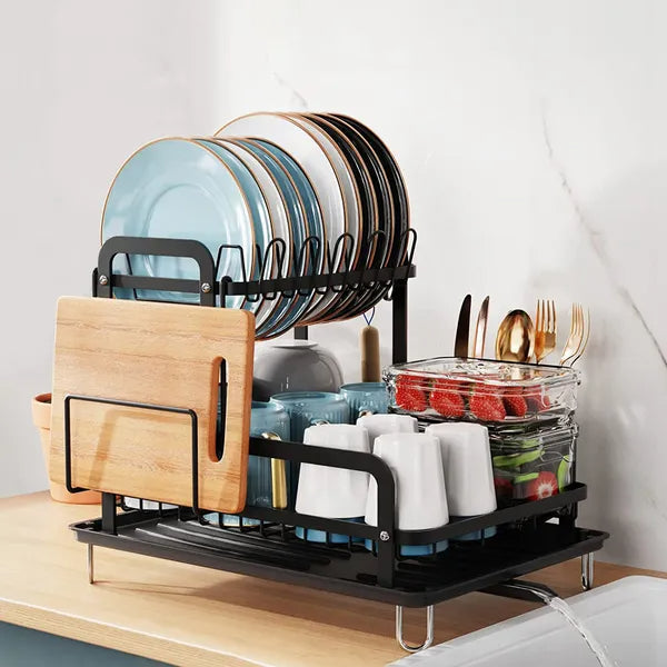 2-Tier Dish Drying Rack with Drainboard - Rustproof Steel