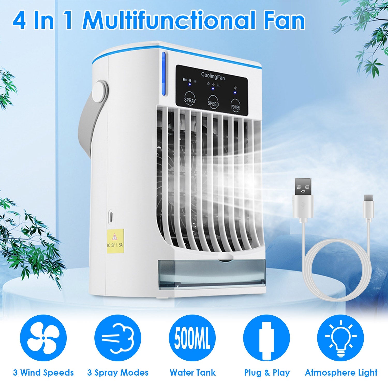4-in-1 Evaporative Air Cooler Fan - Mist, Humidifier, USB