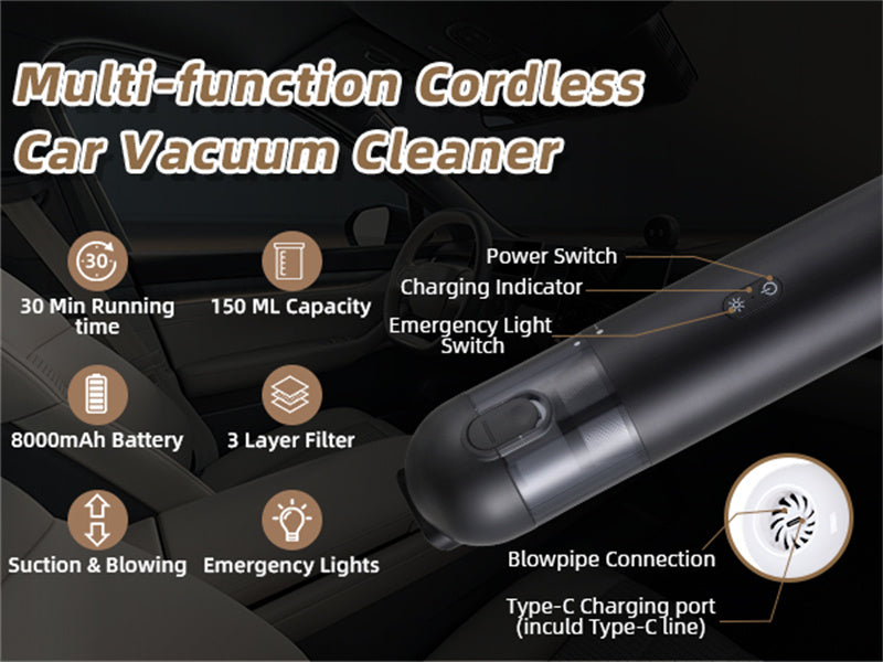 Car Vacuum Cleaner - 10kPa Suction, Blow & Charge Functions