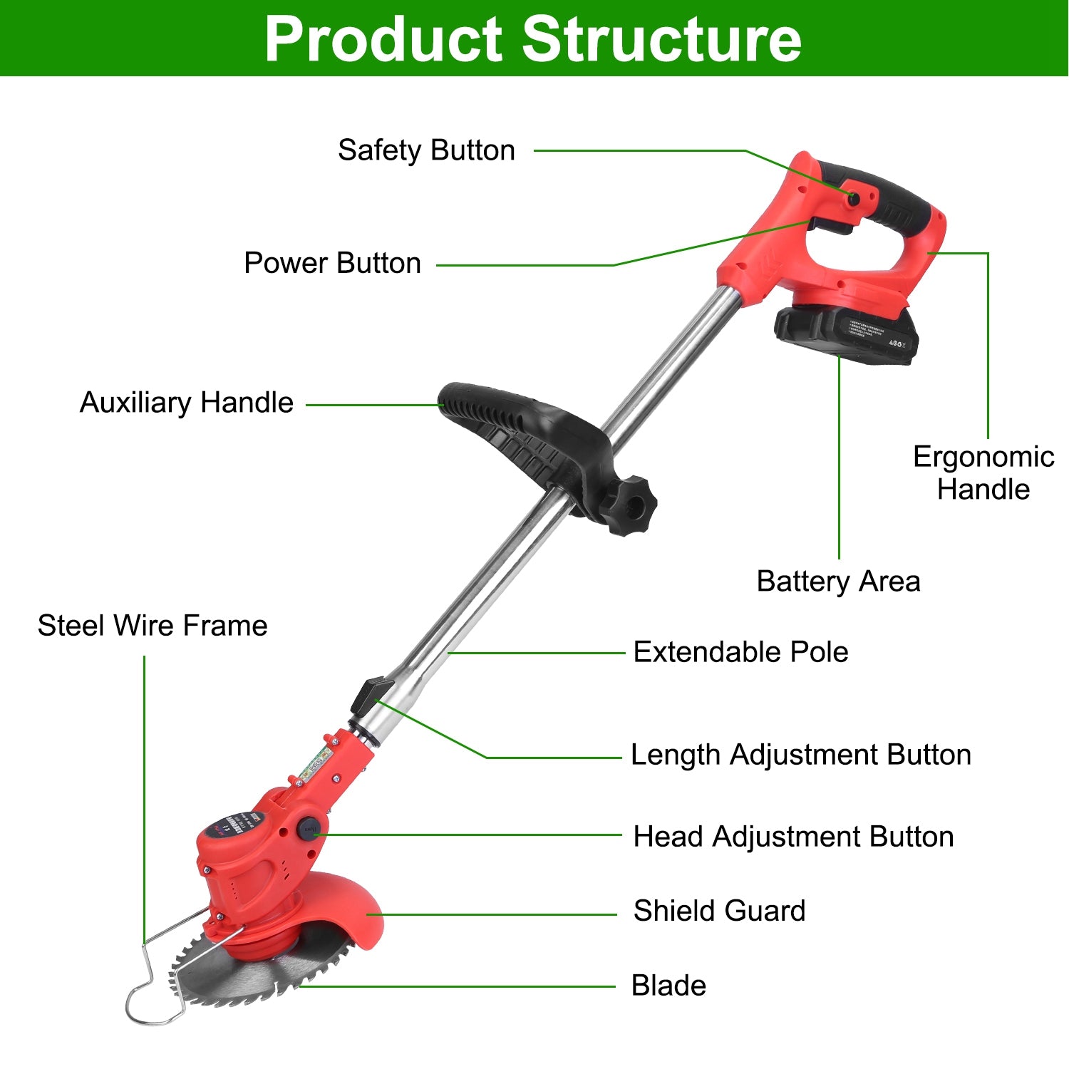 Cordless Telescopic Weed Trimmer - Rechargeable Multi-Blade