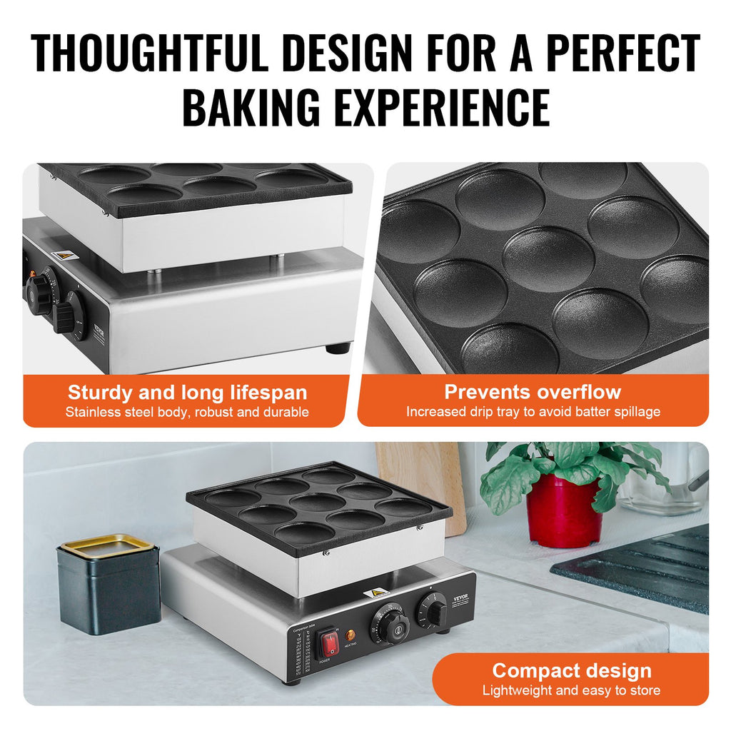 Dutch Pancake Maker - 9-Hole 850W Non-Stick with Temperature Control