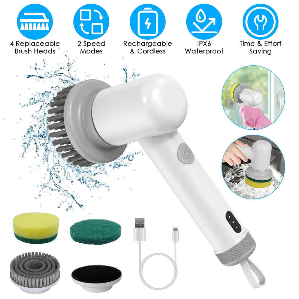 Electric Spin Scrubber - Cordless Handheld Power Cleaning Brush with 4 Heads