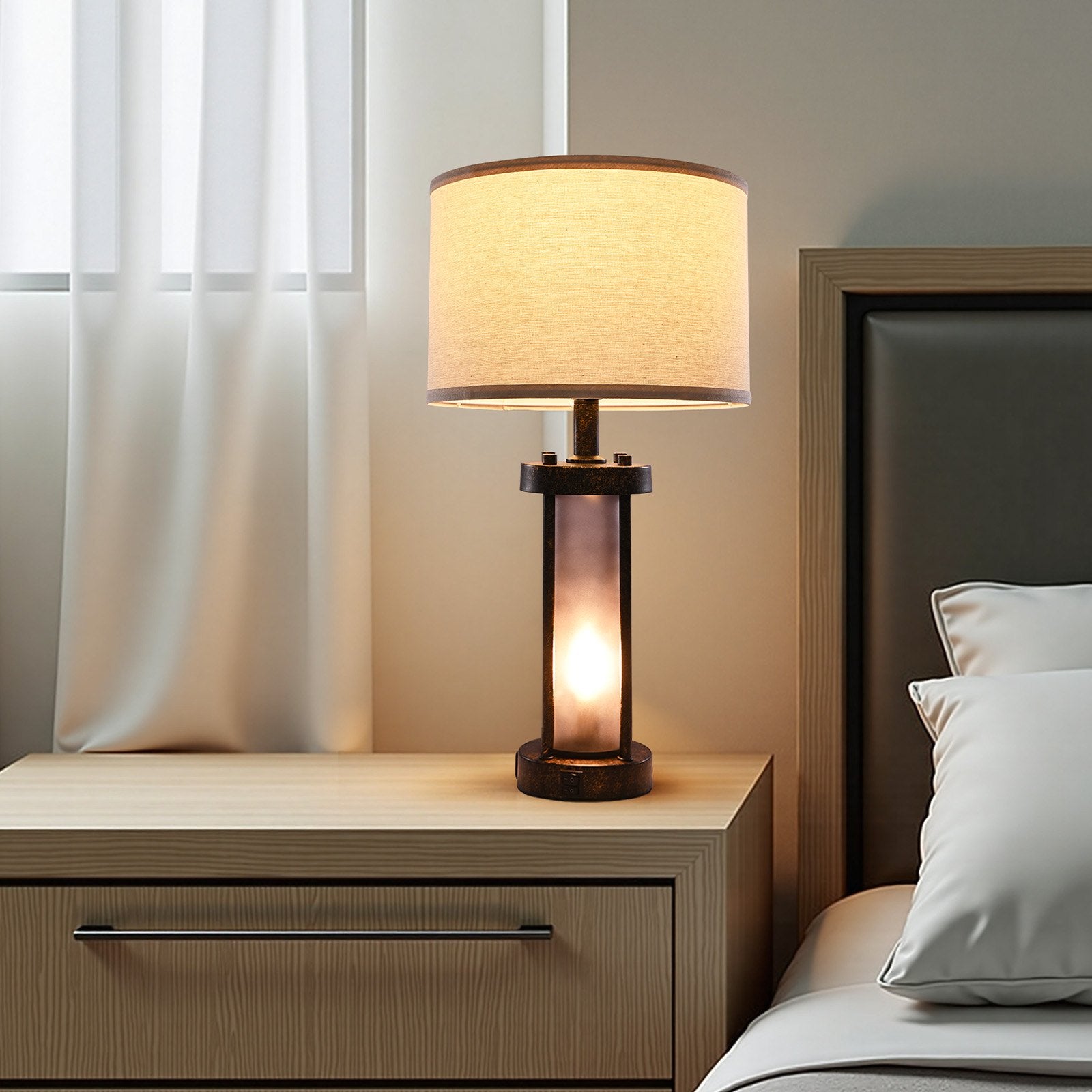 Farmhouse Table Lamps Set of 2 - Nightstand with USB Ports