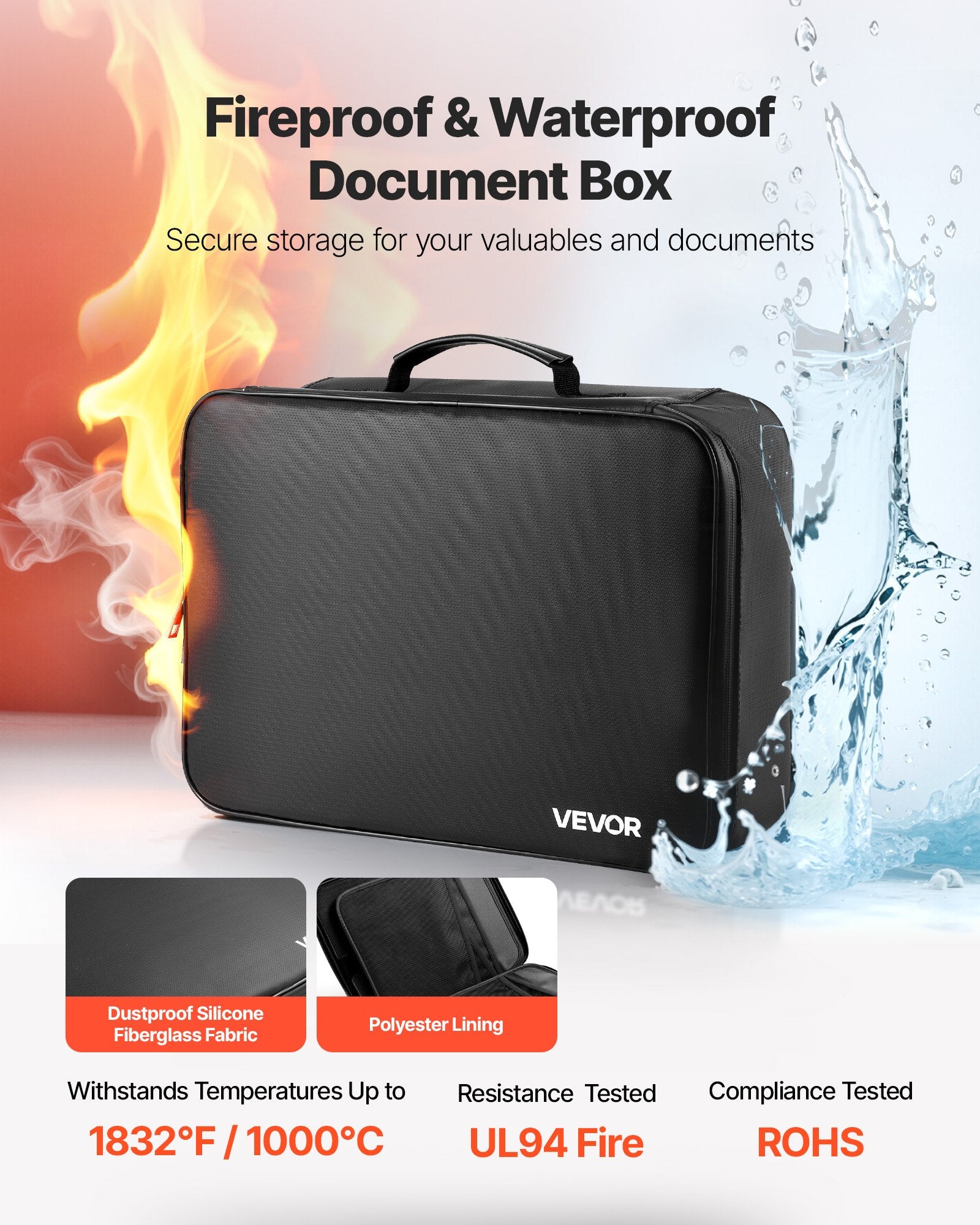 Fireproof Document Box - Waterproof & Lockable File Storage Organizer, 1832°F Rated