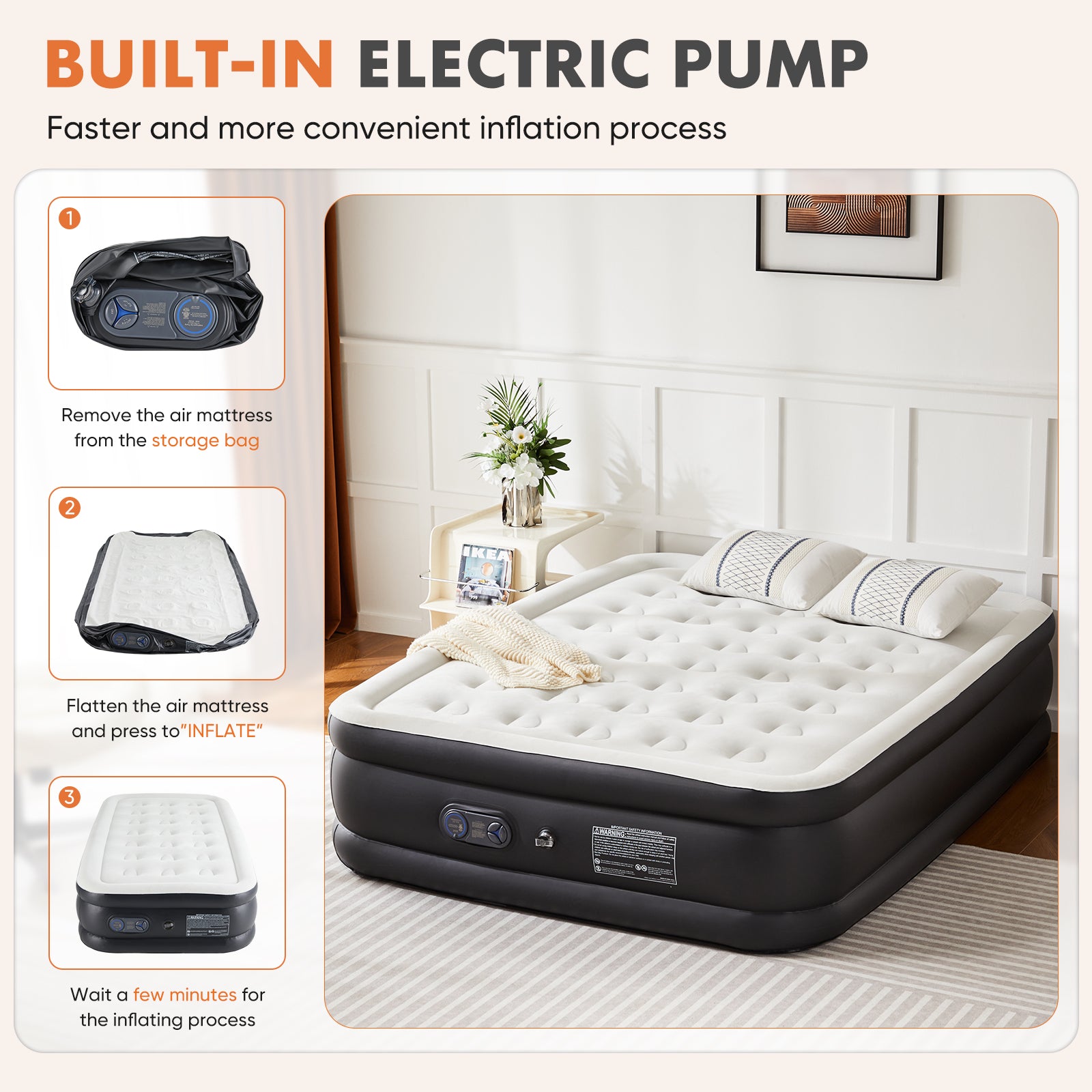 Inflatable Air Mattress with Built-In Pump - Double Height