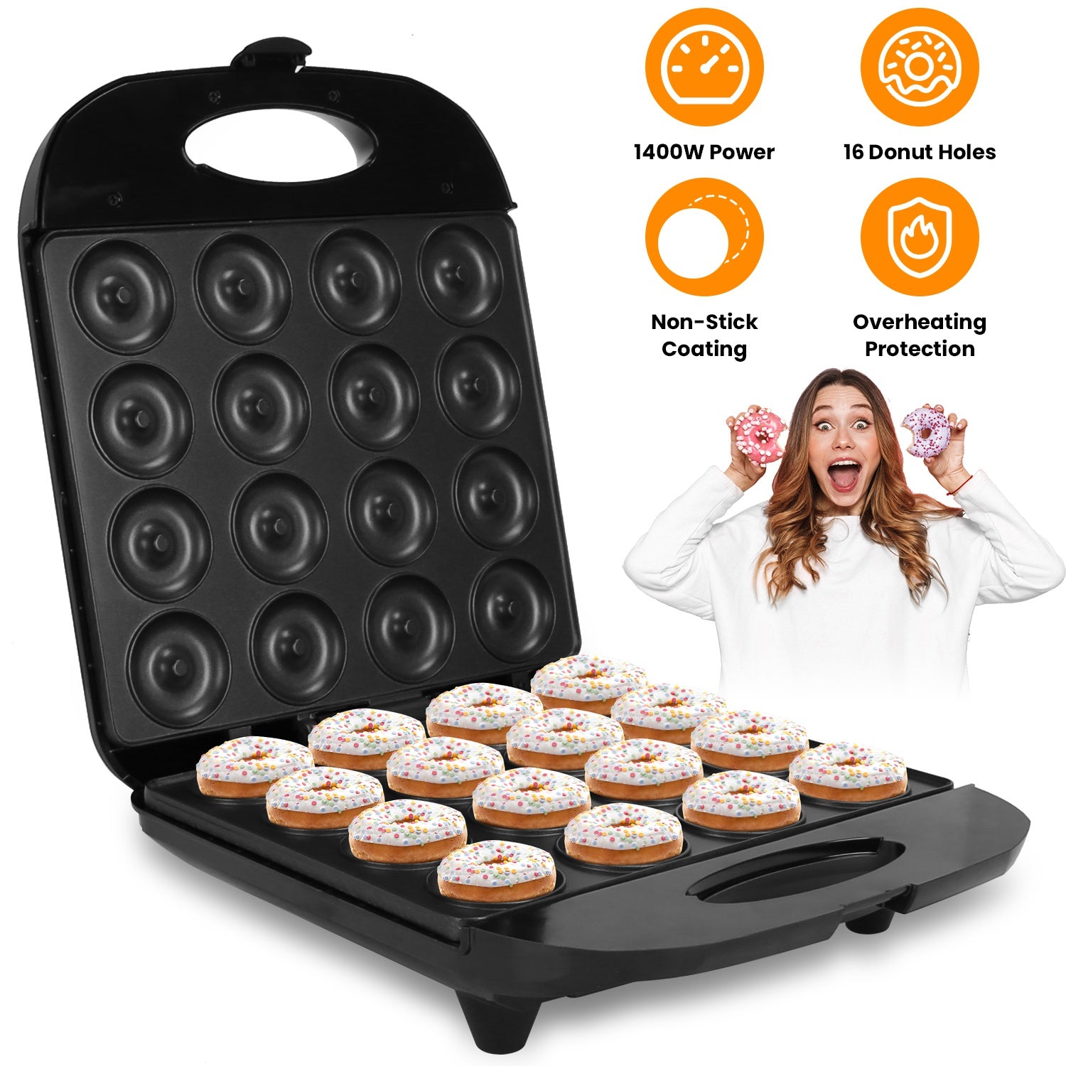 Mini Donut Maker - 16-Hole, 1400W Double-Side Heating