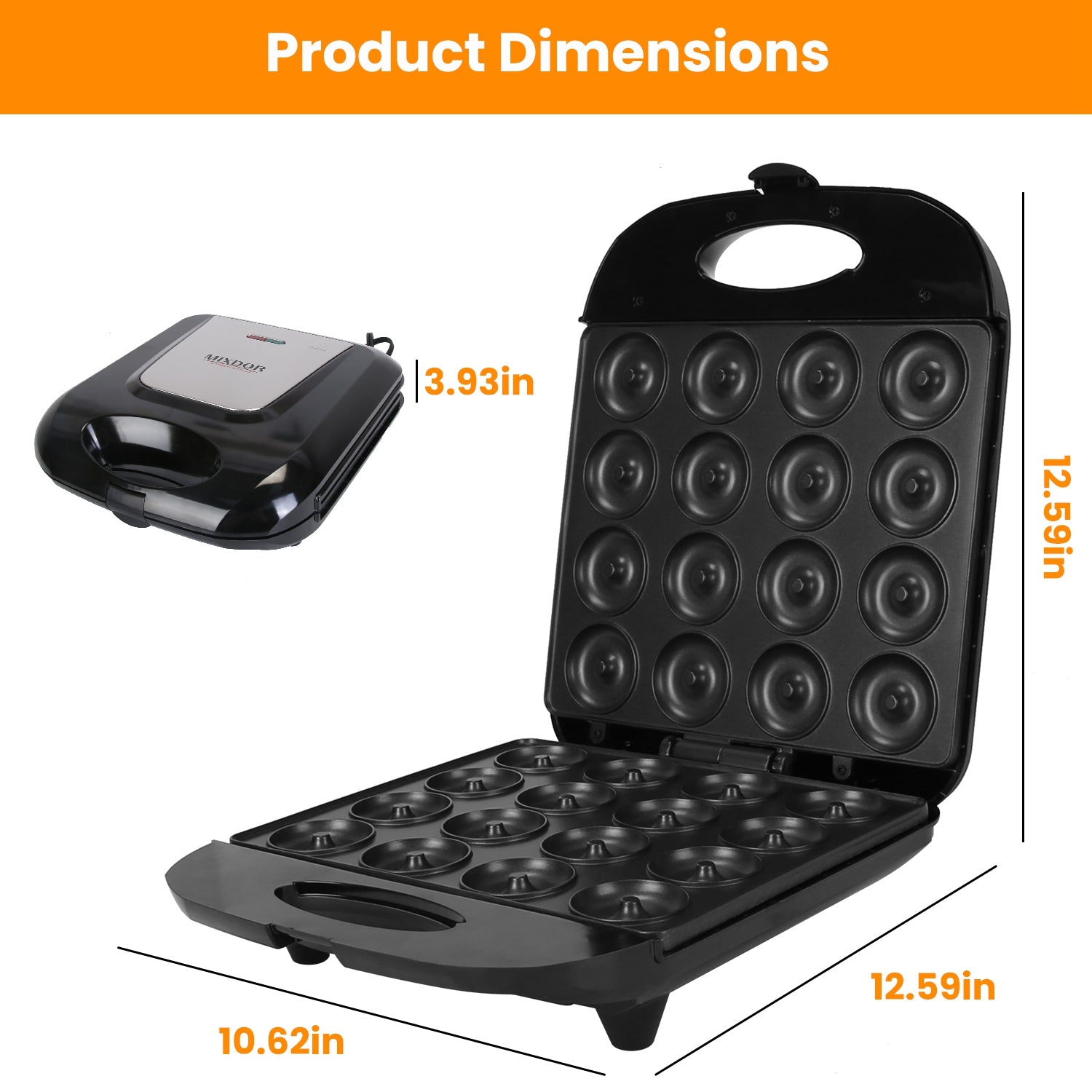 Mini Donut Maker - 16-Hole, 1400W Double-Side Heating