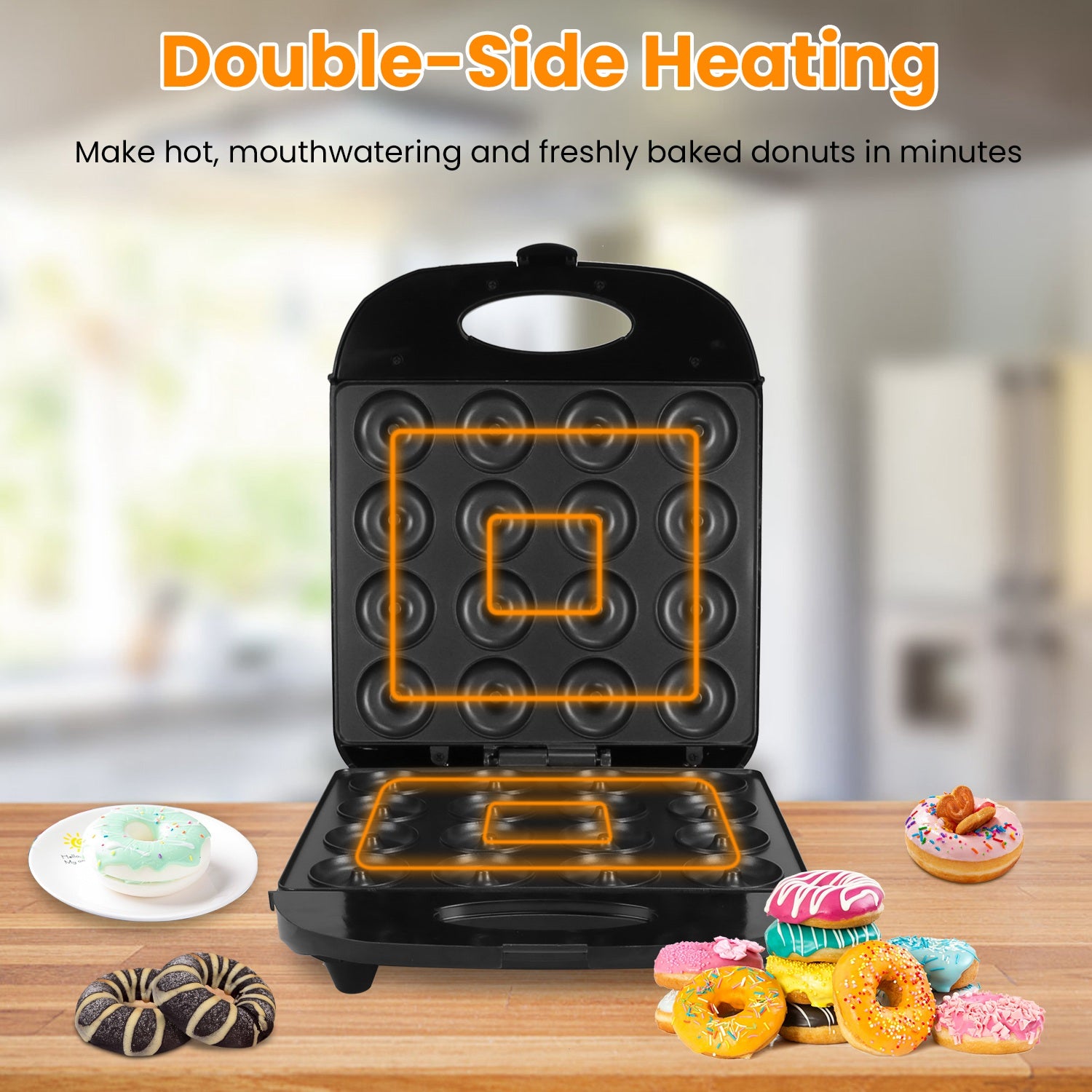 Mini Donut Maker - 16-Hole, 1400W Double-Side Heating