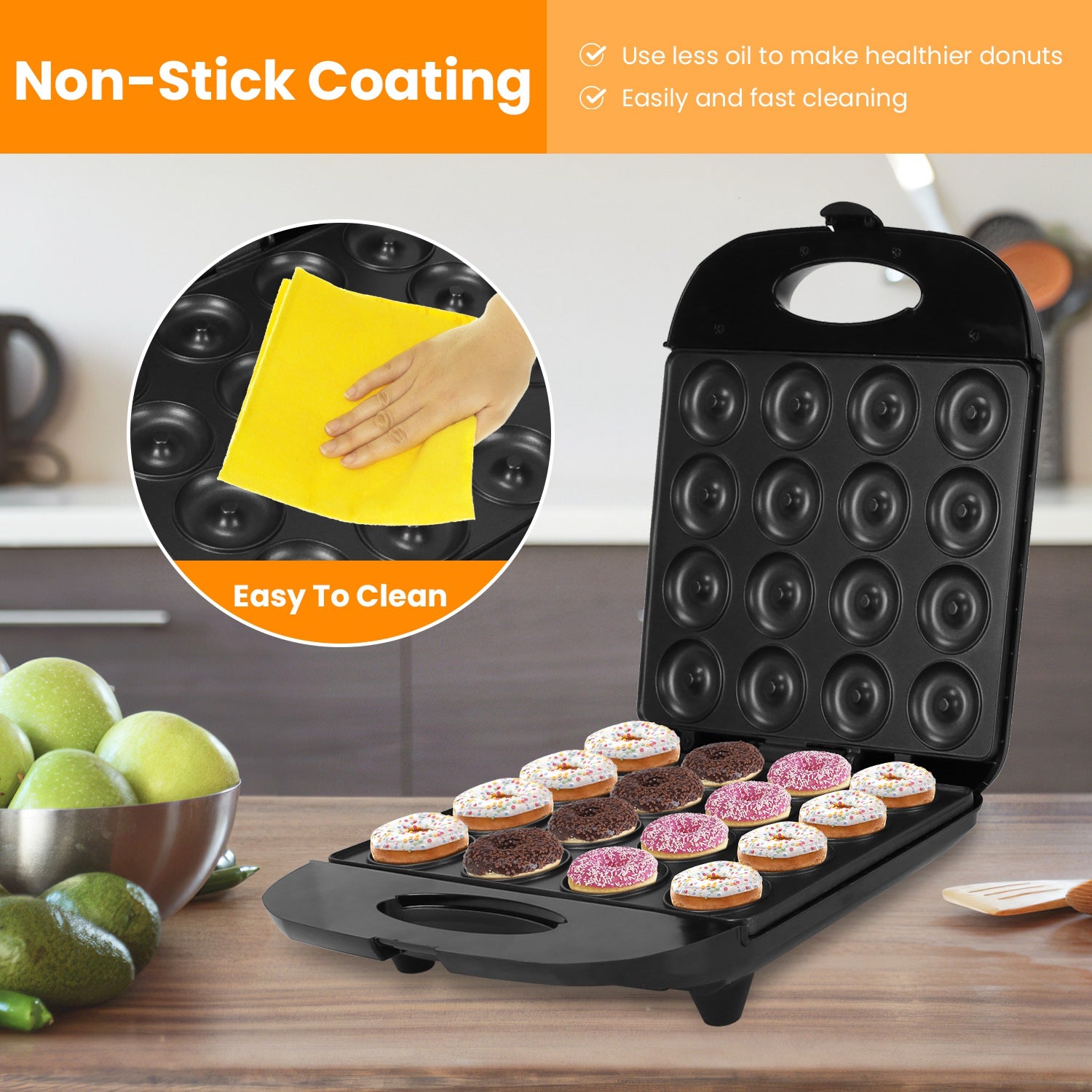 Mini Donut Maker - 16-Hole, 1400W Double-Side Heating