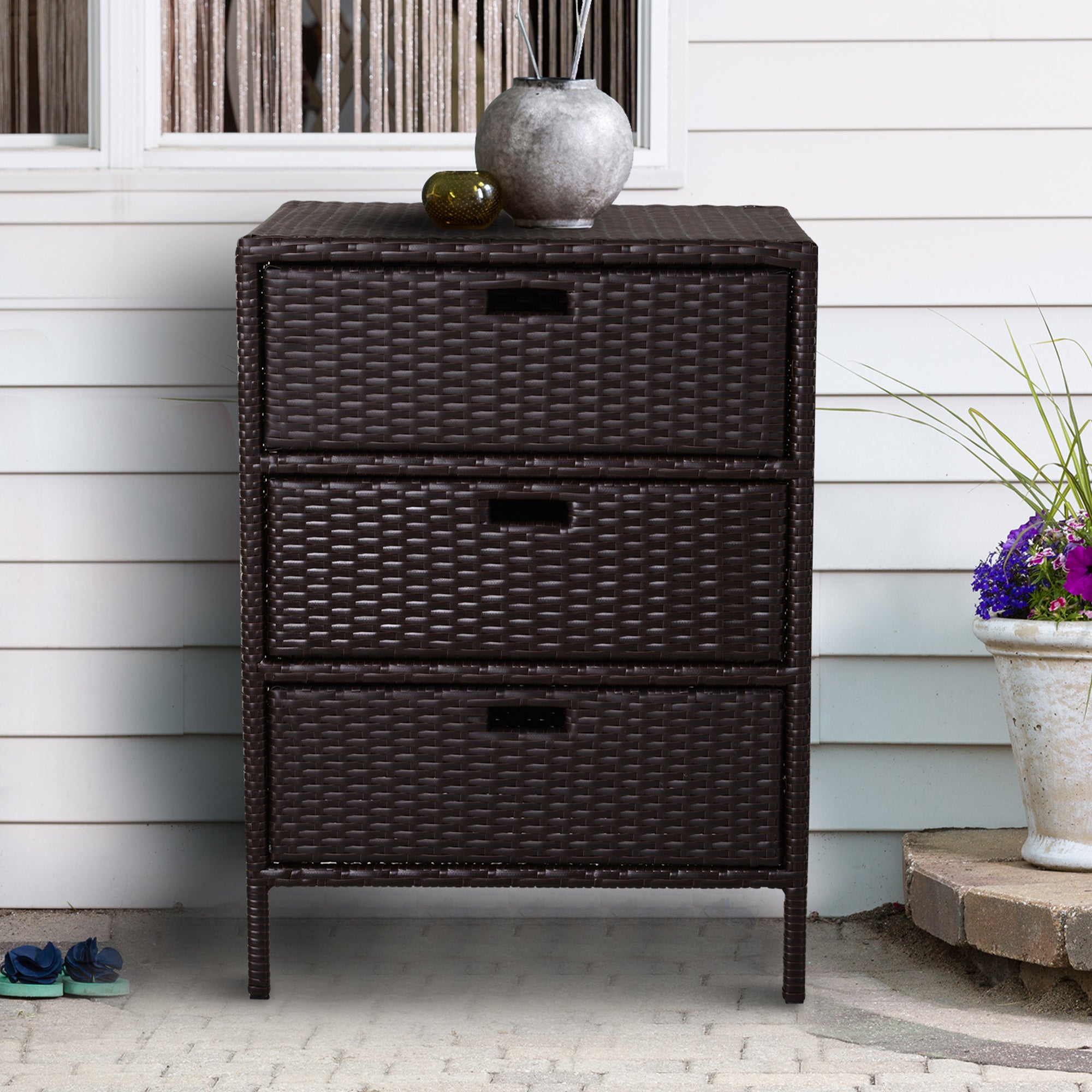 Outdoor Rattan Storage Cabinet - 3-Drawer Wicker Pool Towel Organizer