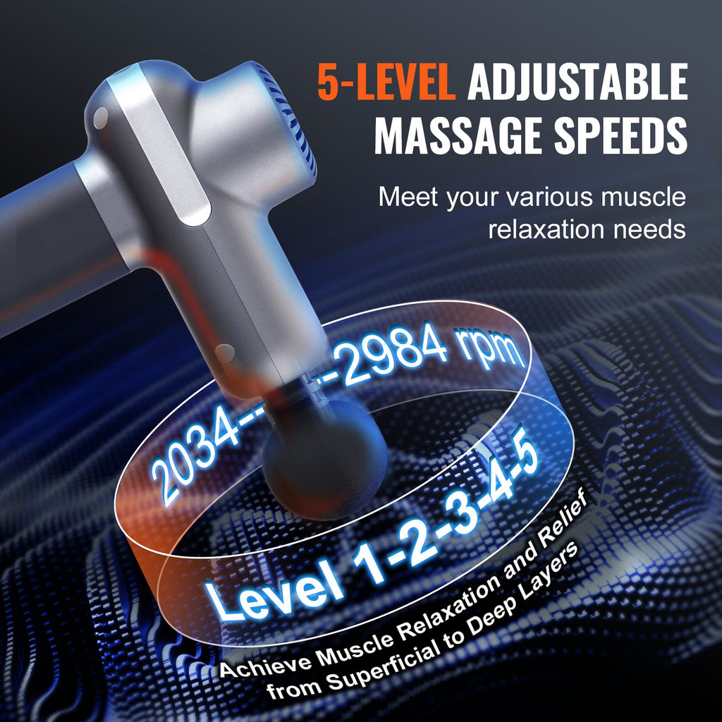 Percussion Massage Gun - 5 Speeds, 6 Heads, Deep Tissue Relief